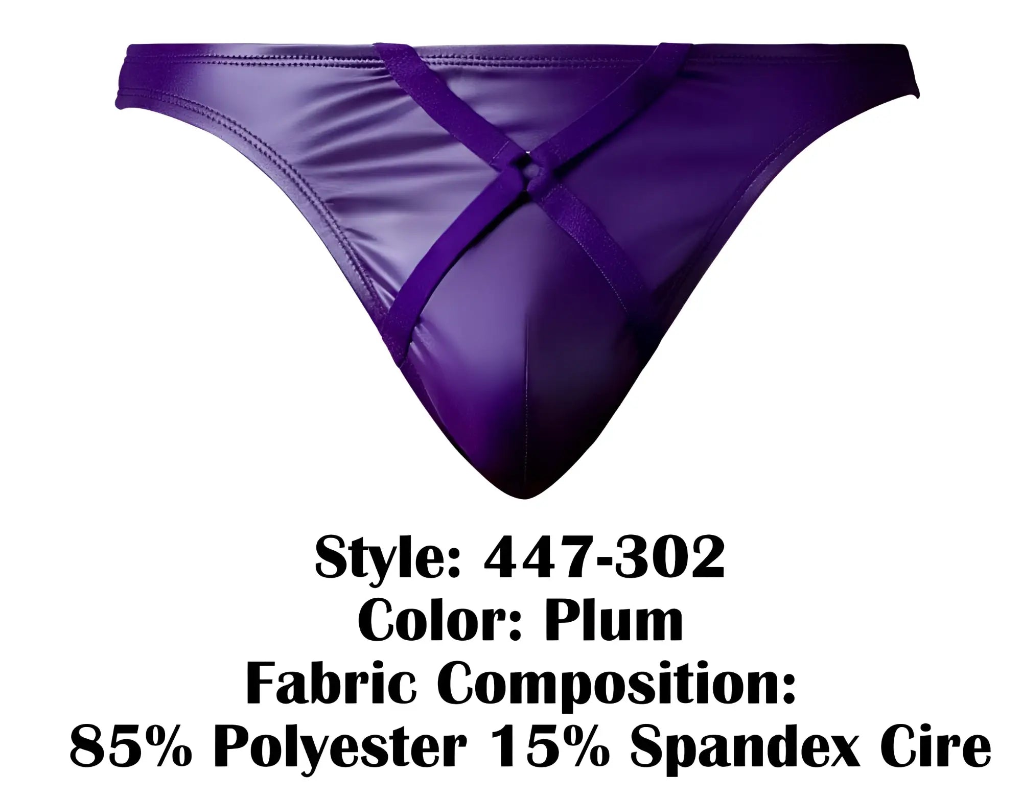 Plum-colored shiny satin male power 447-302 briefs with crisscross strap design in front view