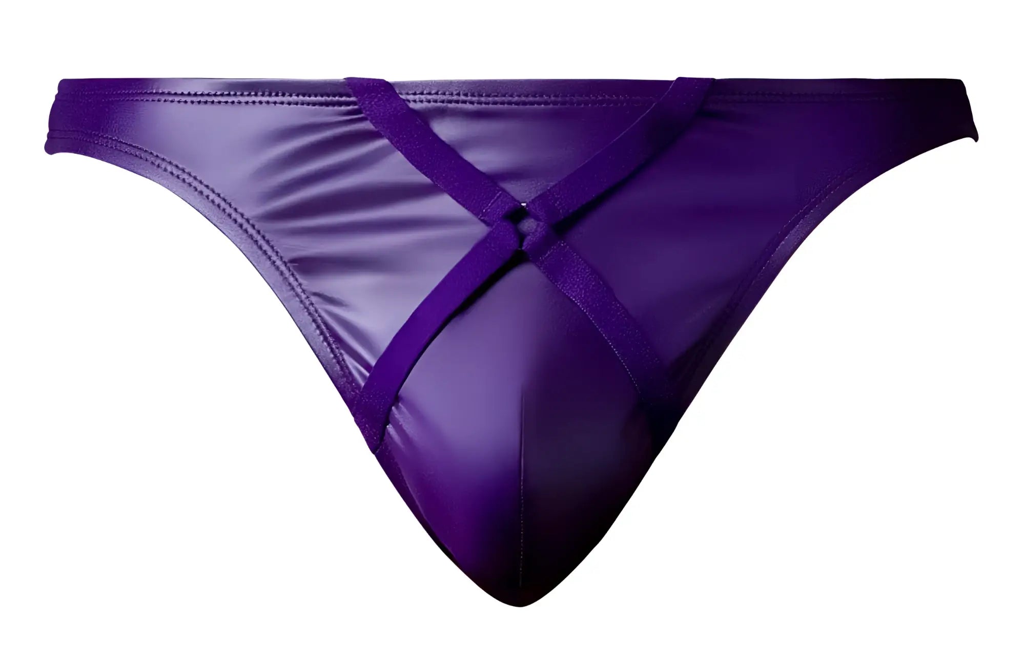 Male power 447-302 eggplant crossover thong in plum satin with crisscross strap design front view