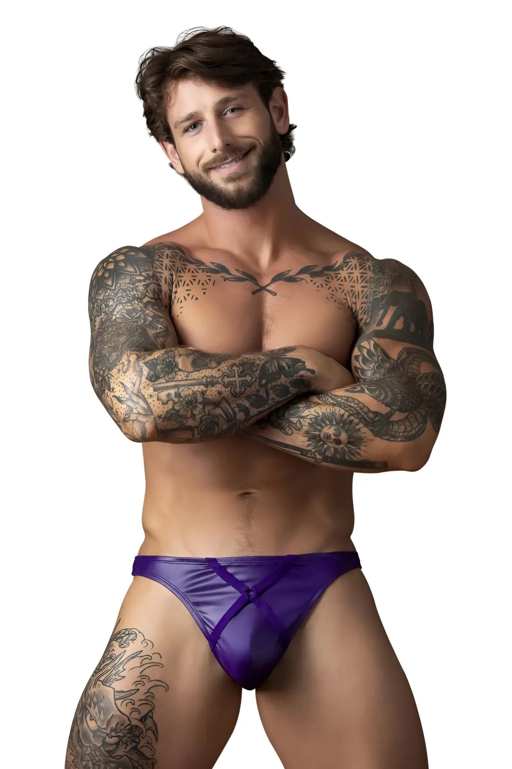 Purple satin briefs with sheer mesh panel and crossed front straps from male power in eggplant color