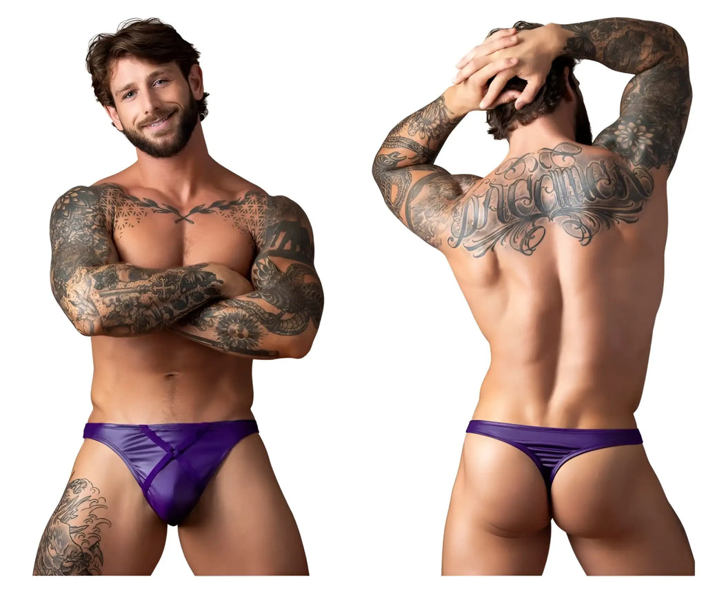 Purple satin male power 447-302 eggplant crossover thong with sleek shiny finish and subtle diagonal seam design