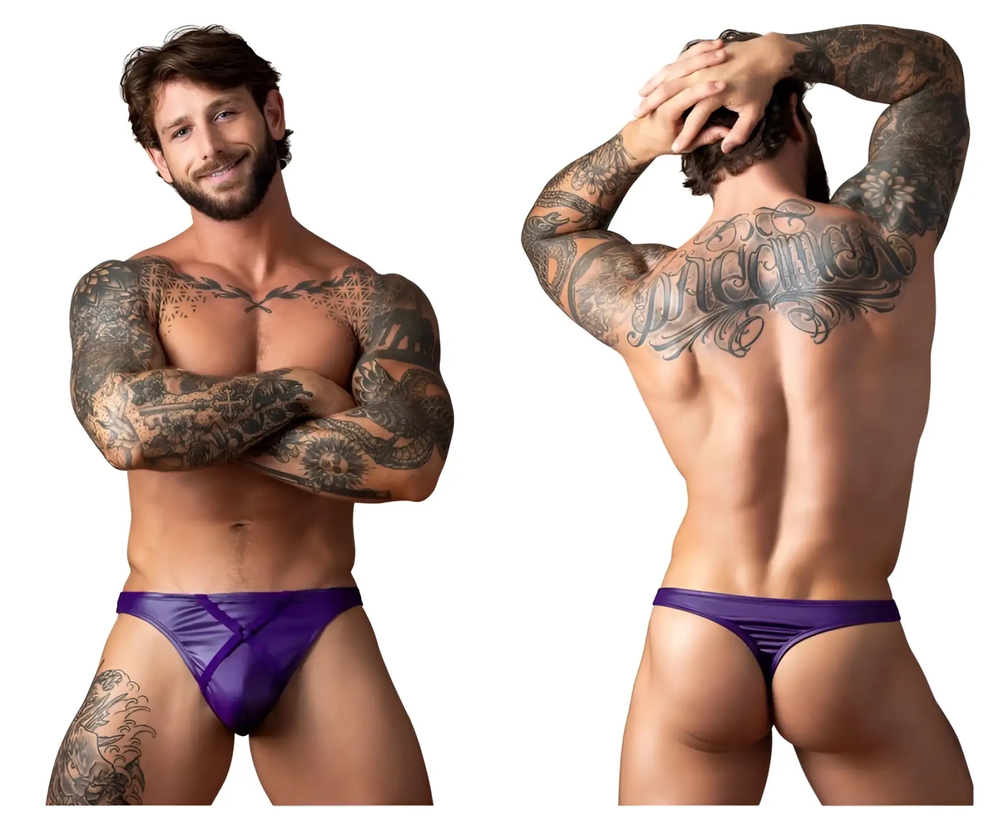 Purple satin male power 447-302 eggplant crossover thong with sleek shiny finish and subtle diagonal seam design