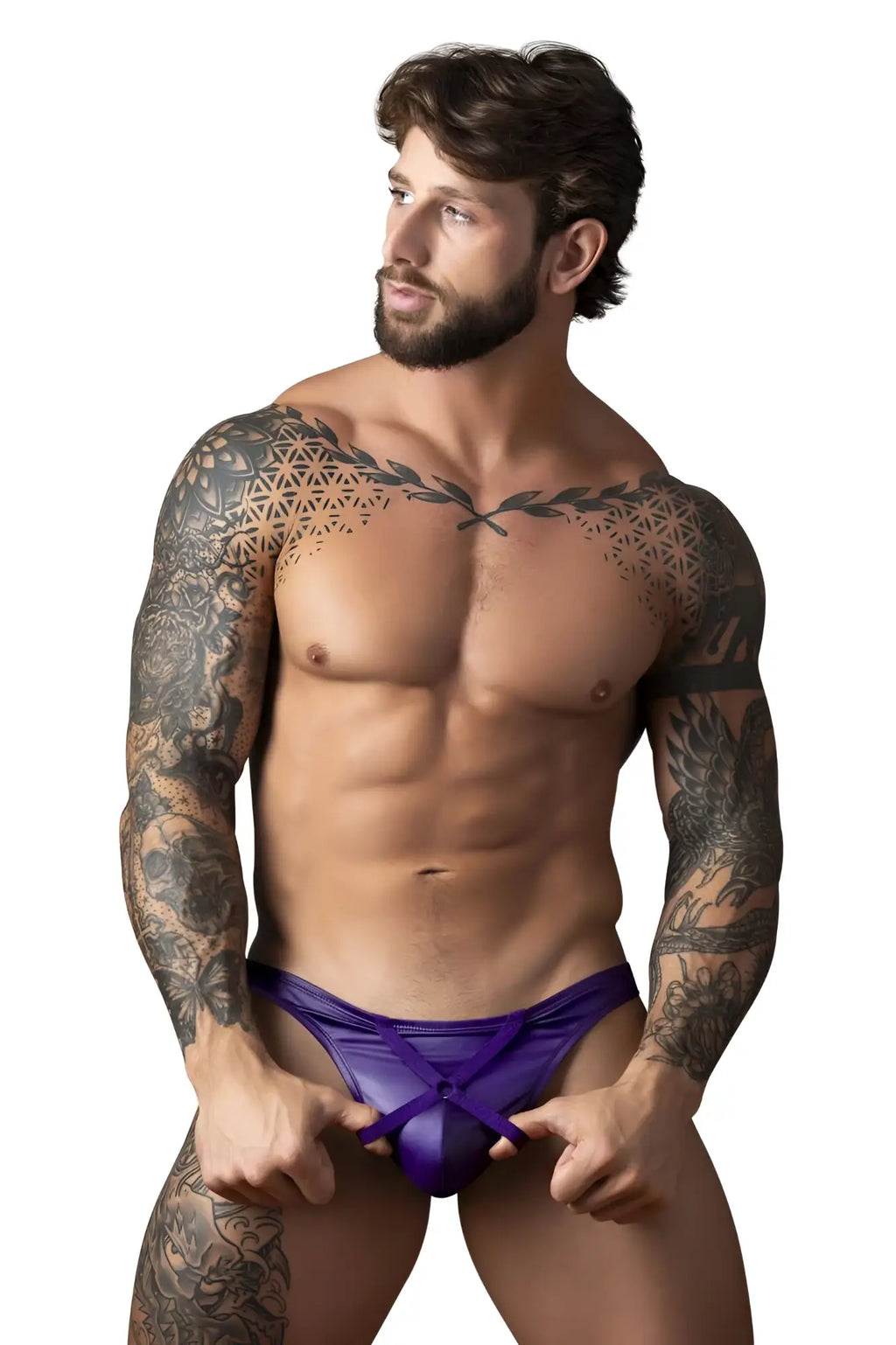 Male power 447-302 eggplant crossover thong in plum satin briefs with front tie closure for men
