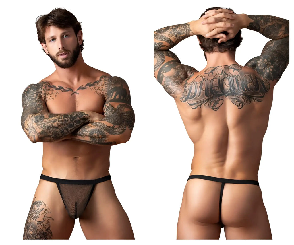 Male power 449-11c fishnet black g-string thong with solid black waistband shown from the back side