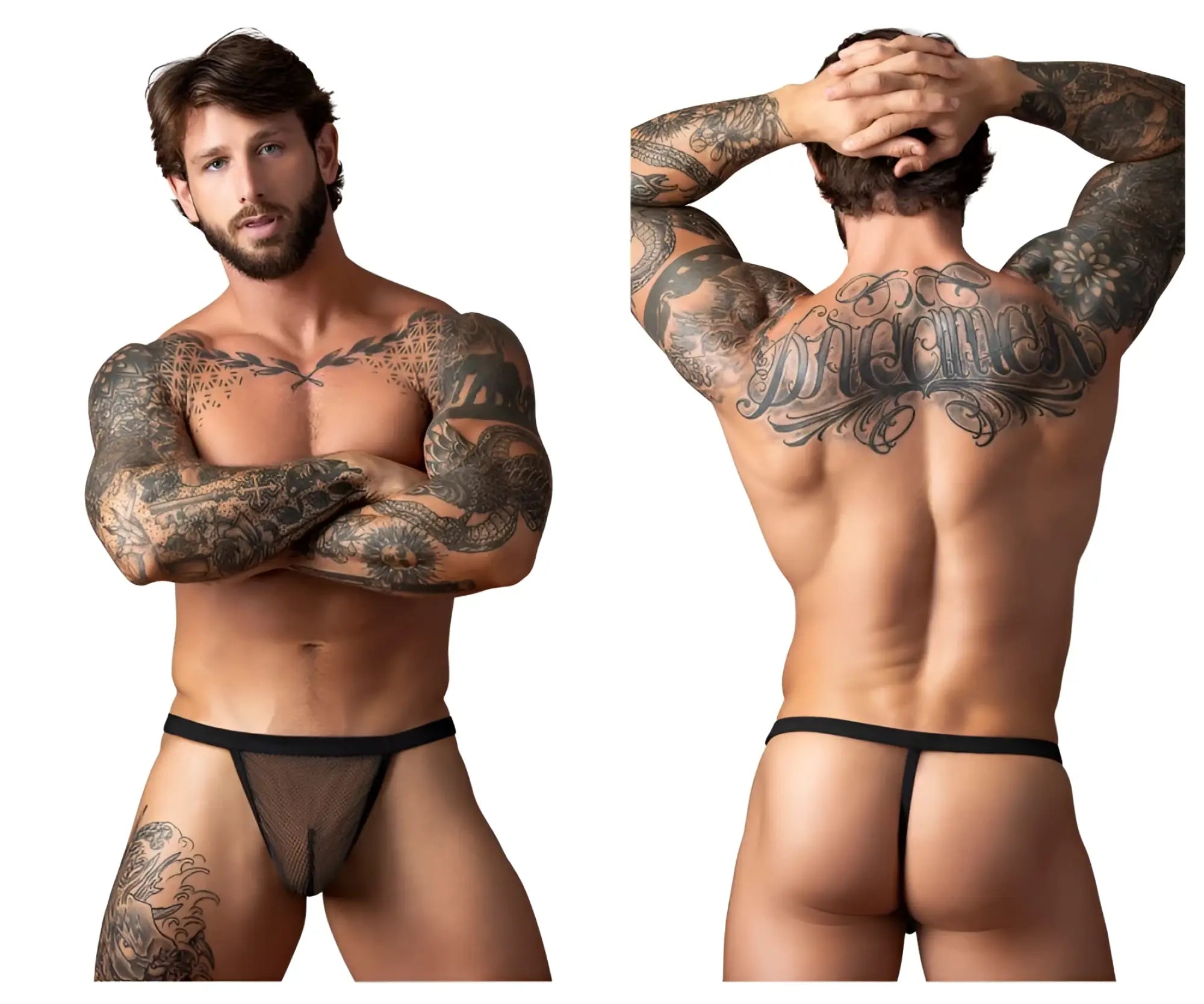 Male power 449-11c fishnet black g-string thong with solid black waistband shown from the back side
