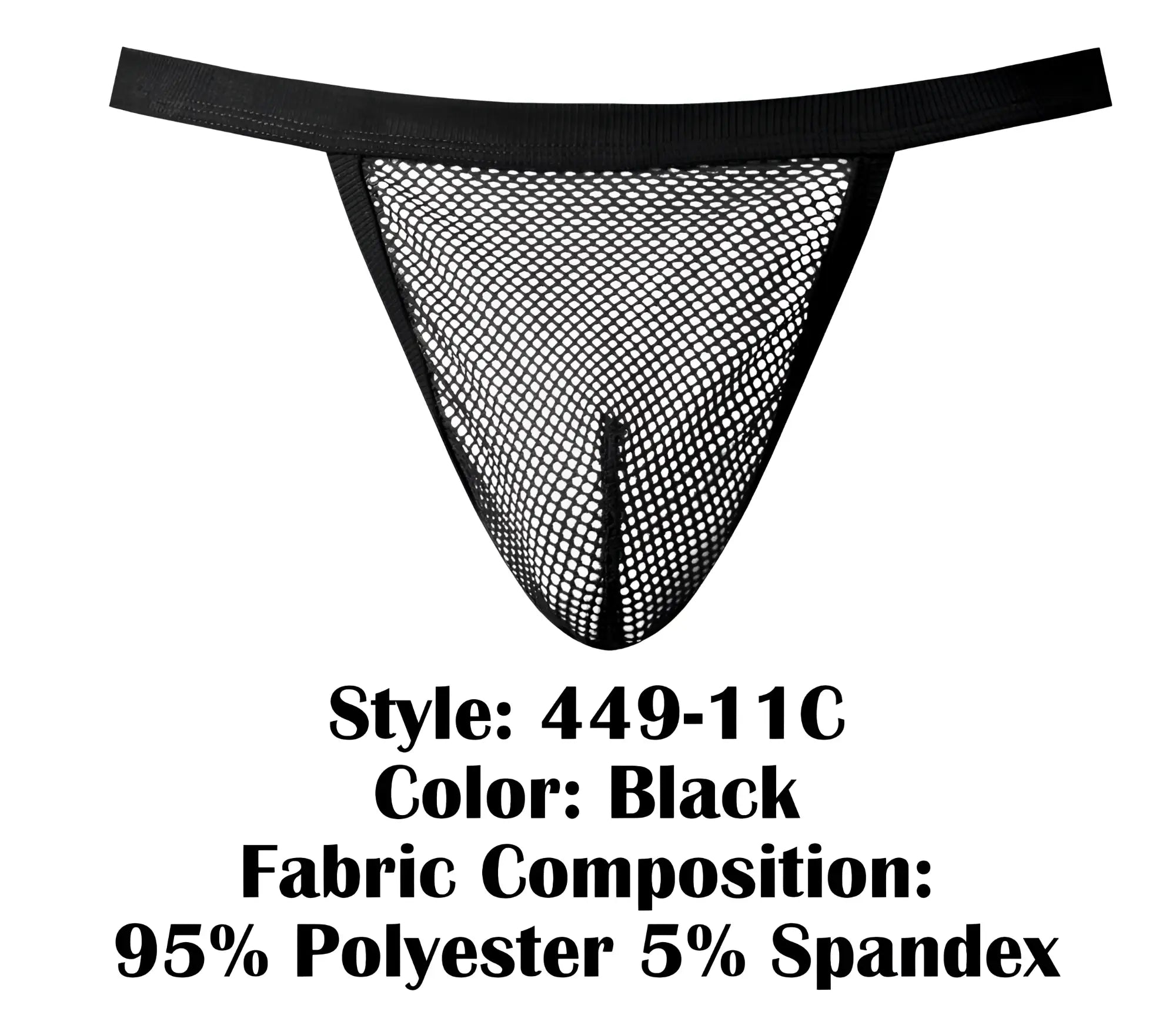 Male Power 449-11C fishnet black g-string thong with solid waistband made of 95% polyester 5% spandex