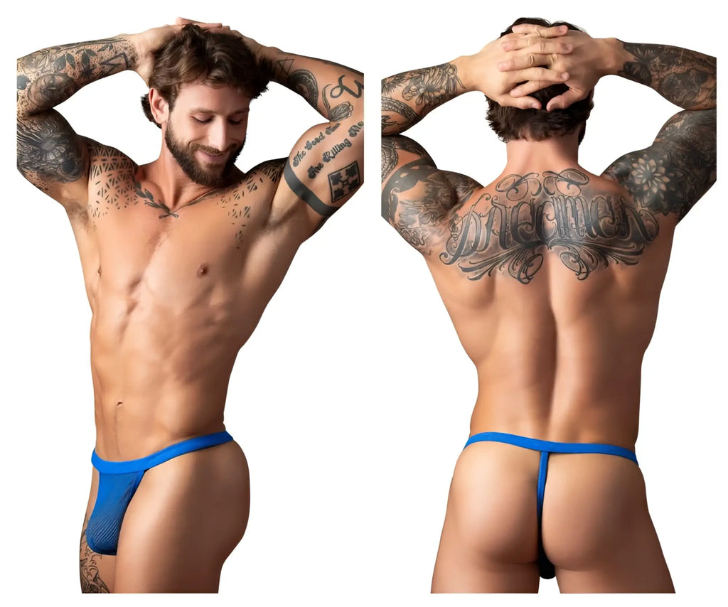 Blue mesh thong male power 449-11c fishnet 2 g-string in royal color shown from the back side