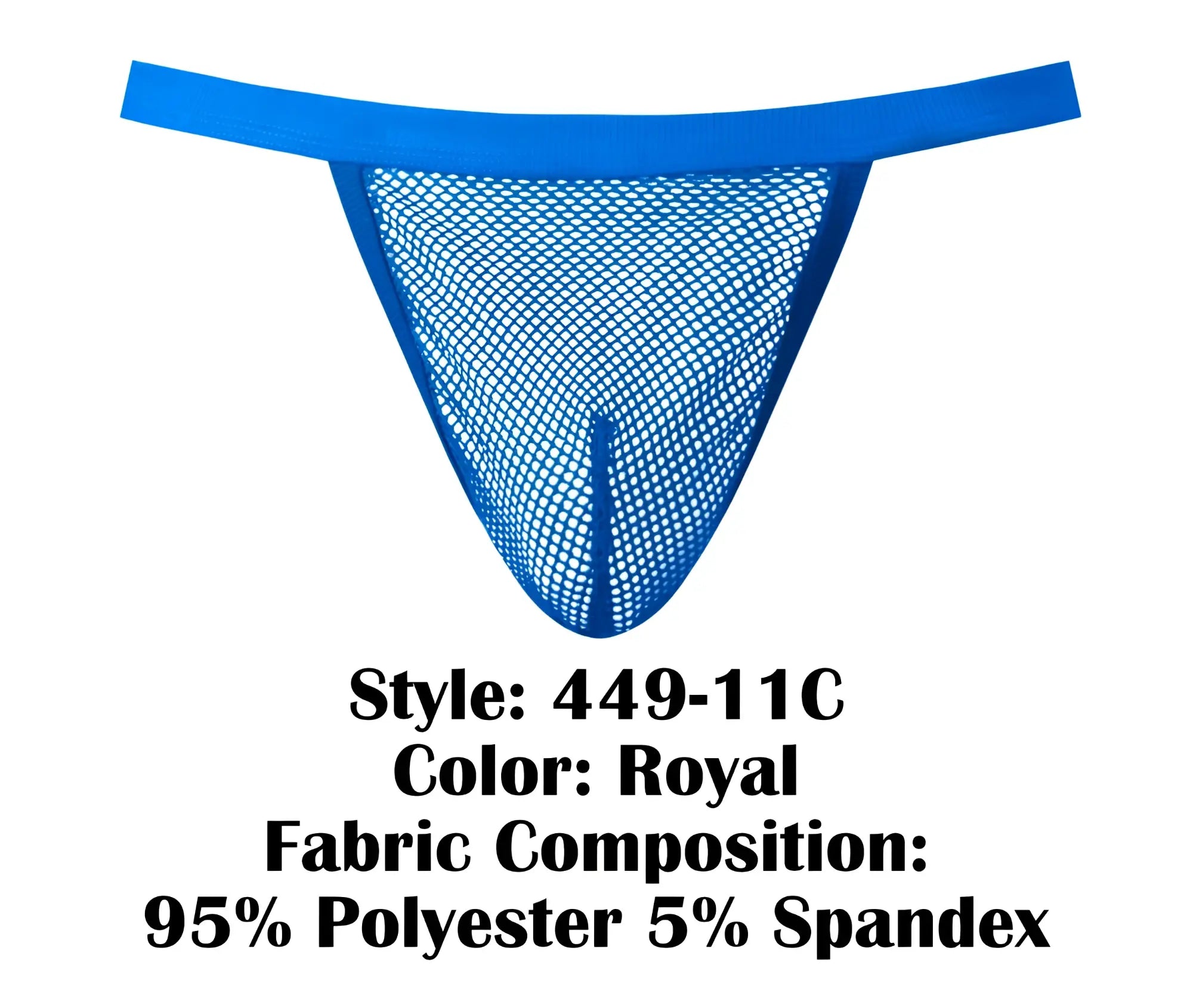 Male power 449-11c royal blue fishnet 2 g-string mesh thong made of 95 polyester and 5 spandex