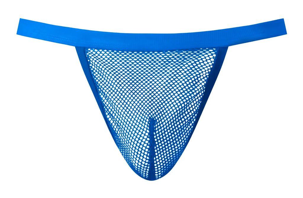 Male power 449-11c fishnet 2 g-string in royal blue mesh with solid elastic waistband shown from front side