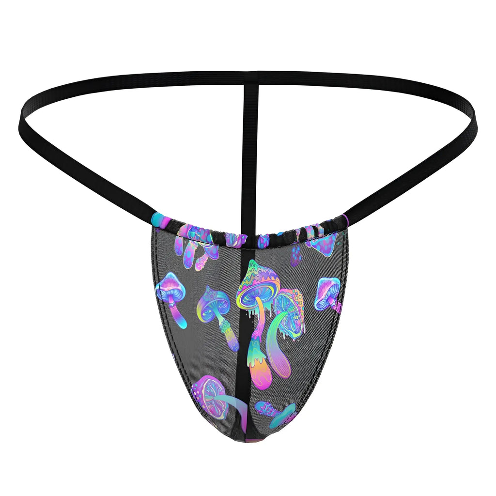 Black mesh thong posing strap by male power with vibrant iridescent purple blue and pink mushroom pattern