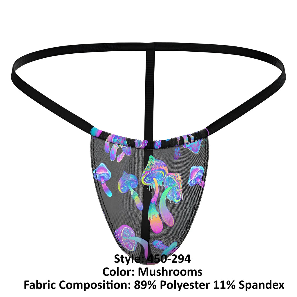 Black mesh thong male power 450-294 hazy dayz with vibrant iridescent purple blue and pink mushroom pattern