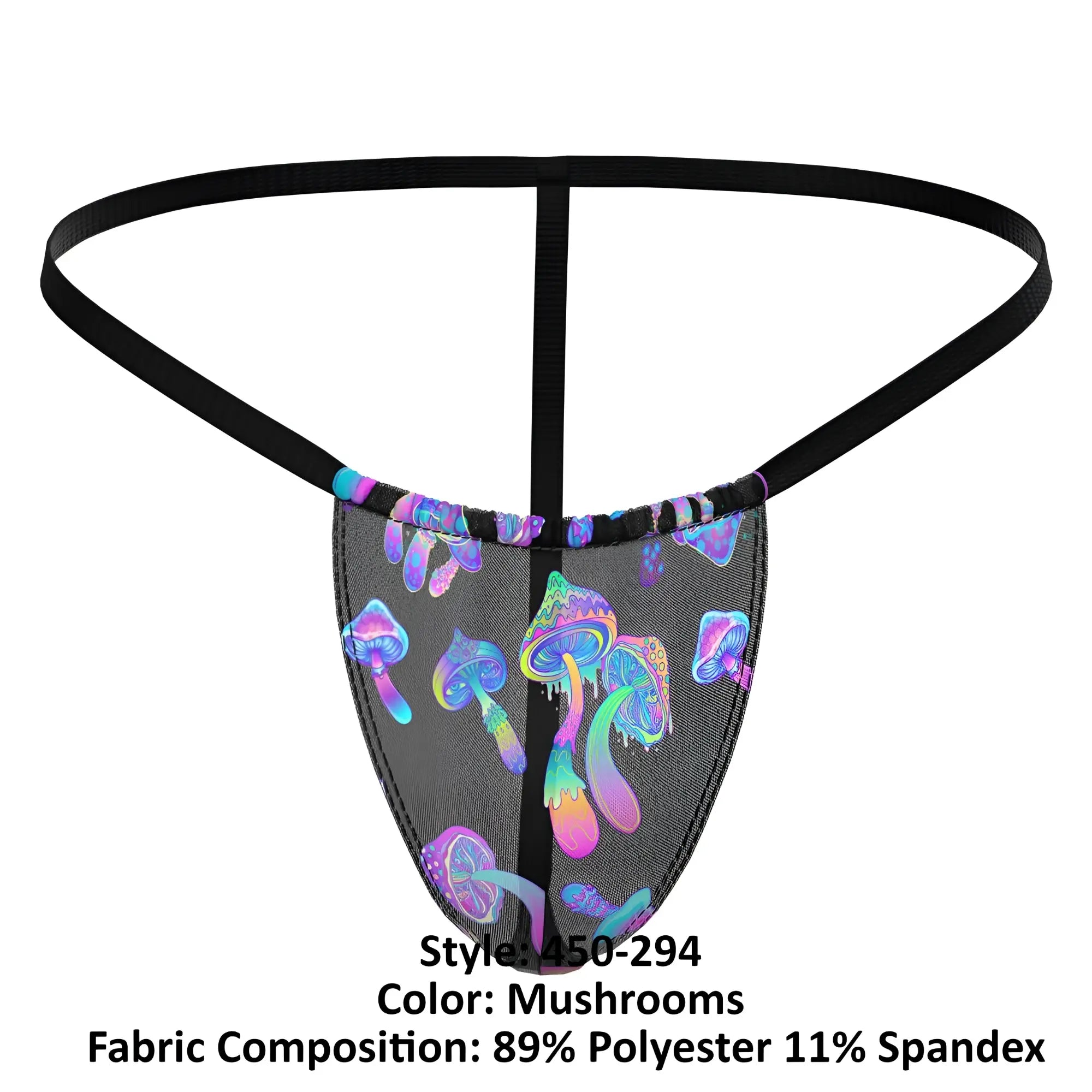 Black mesh thong male power 450-294 hazy dayz with vibrant iridescent purple blue and pink mushroom pattern