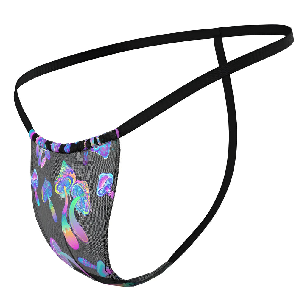 Male Power 450-294 Hazy Dayz black mesh thong with vibrant purple blue and pink iridescent mushroom pattern