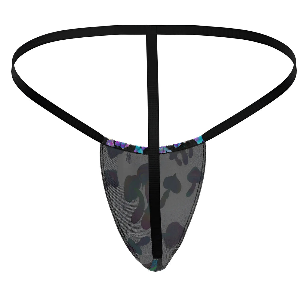 Male power 450-294 hazy dayz black mesh thong with subtle mushroom pattern and iridescent trim front view