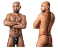 Male power 450-294 hazy dayz posing strap in black with vibrant blue purple and green floral pattern front view