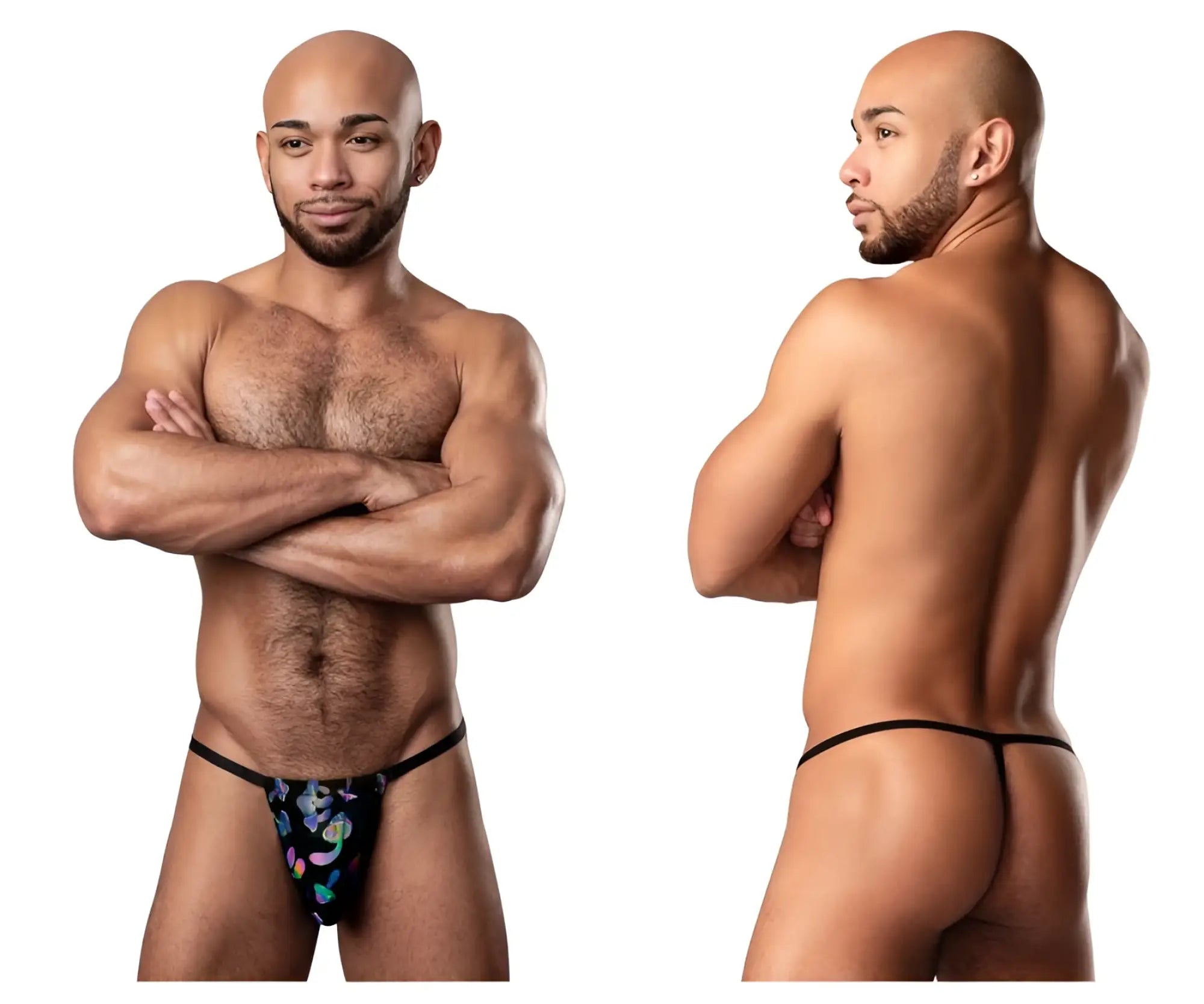 Male power 450-294 hazy dayz posing strap in black with vibrant blue purple and green floral pattern front view