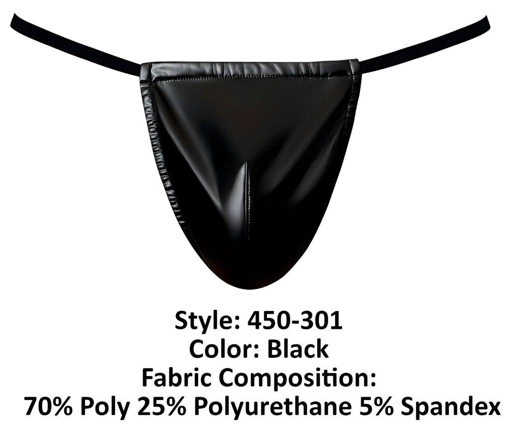 Black glossy faux leather male power 450-301 liquid onyx 2.0 g-string with thin elastic straps and central seam detail