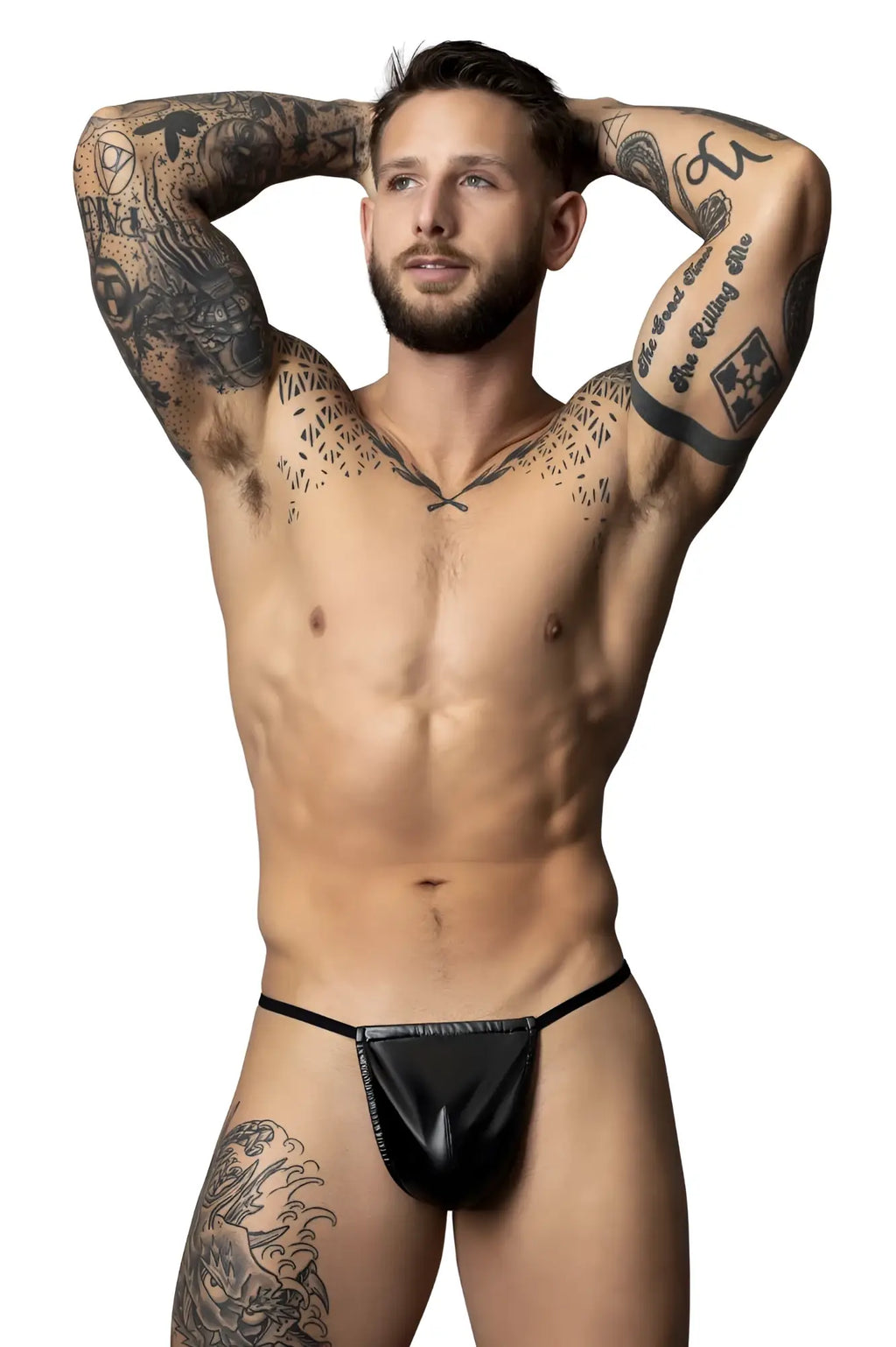 Black leather thong g-string male power 450-301 liquid onyx 2.0 with central zipper closure in black