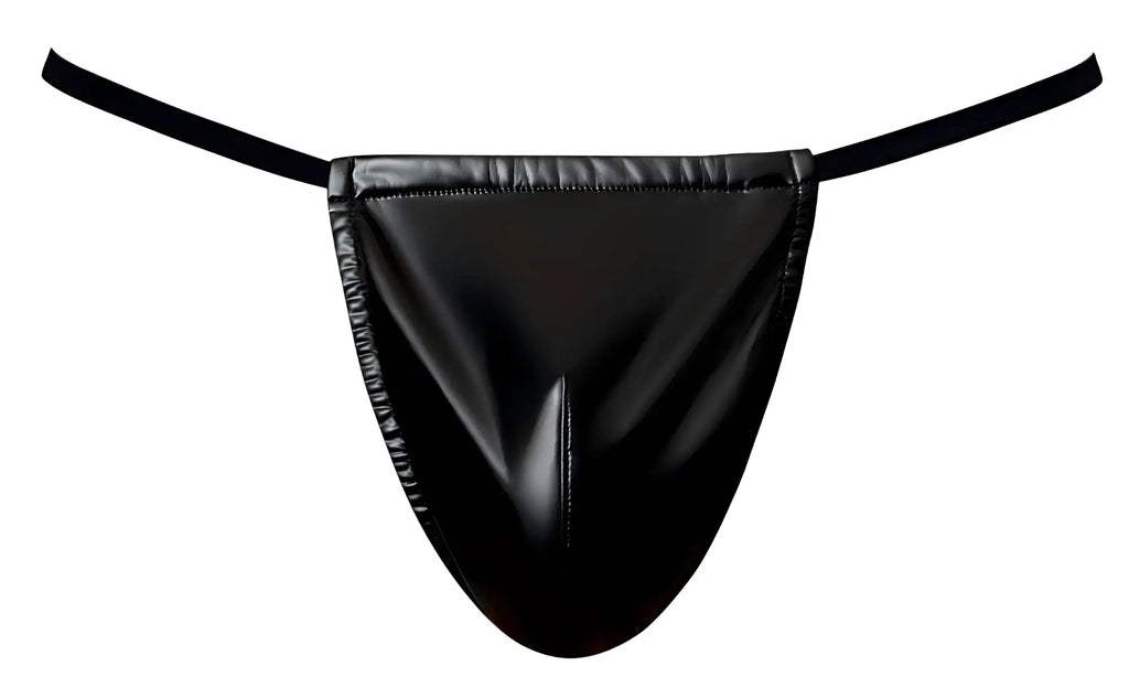Black patent leather thong g-string with thin elastic straps from male power liquid onyx 2.0 collection