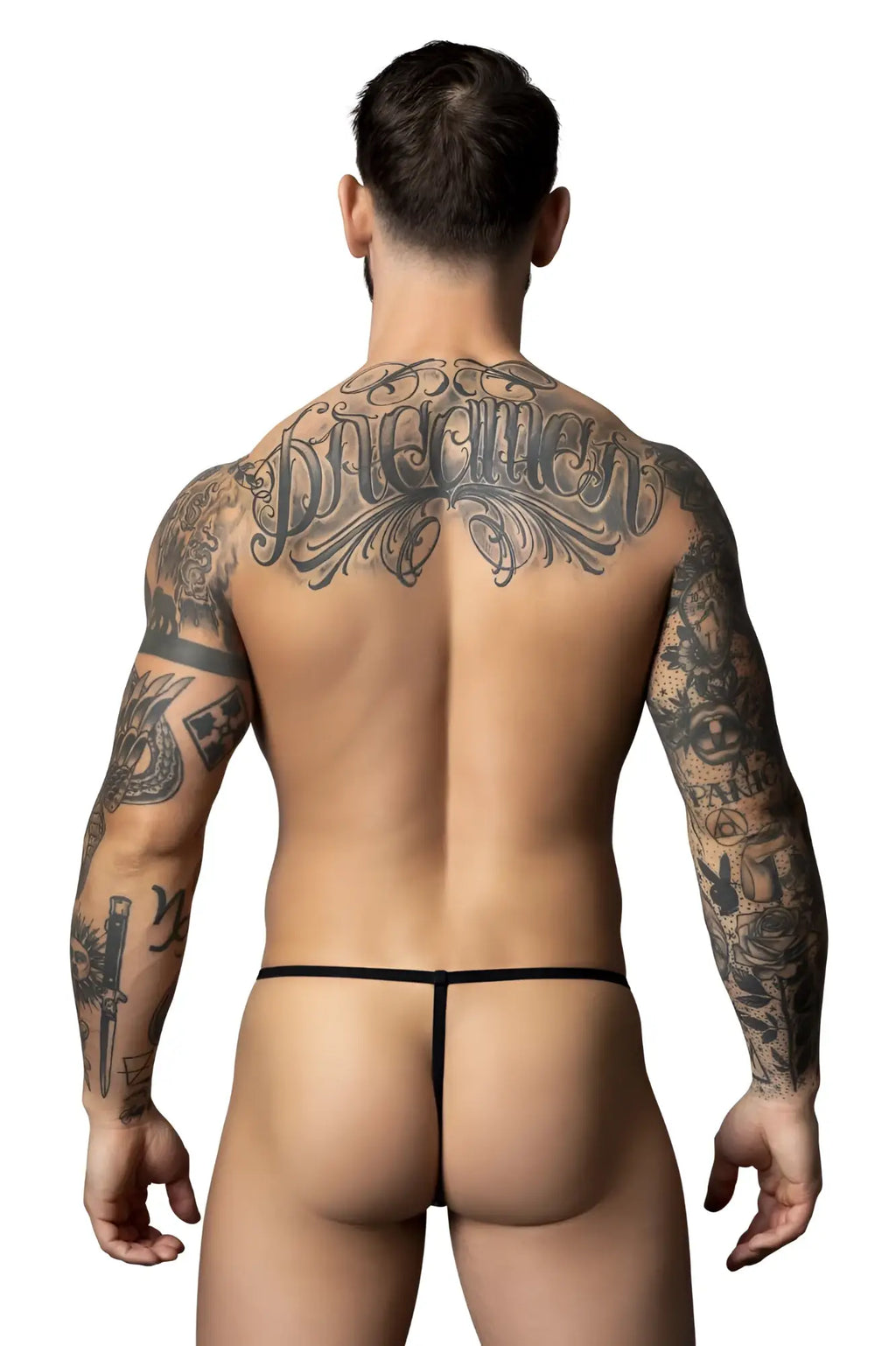 Black Male Power 450-301 Liquid Onyx 2.0 minimalist thong with thin straps and sleek design shown from the back