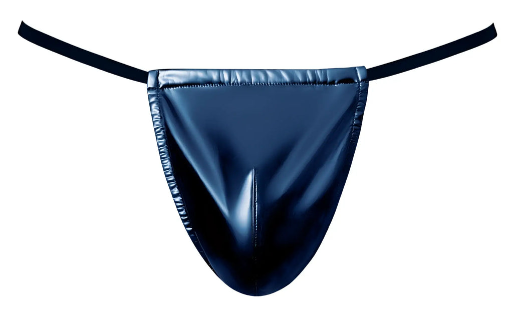 Male power 450-301 liquid onyx 2.0 g-string in blue black patent leather with thin elastic straps shown from the back
