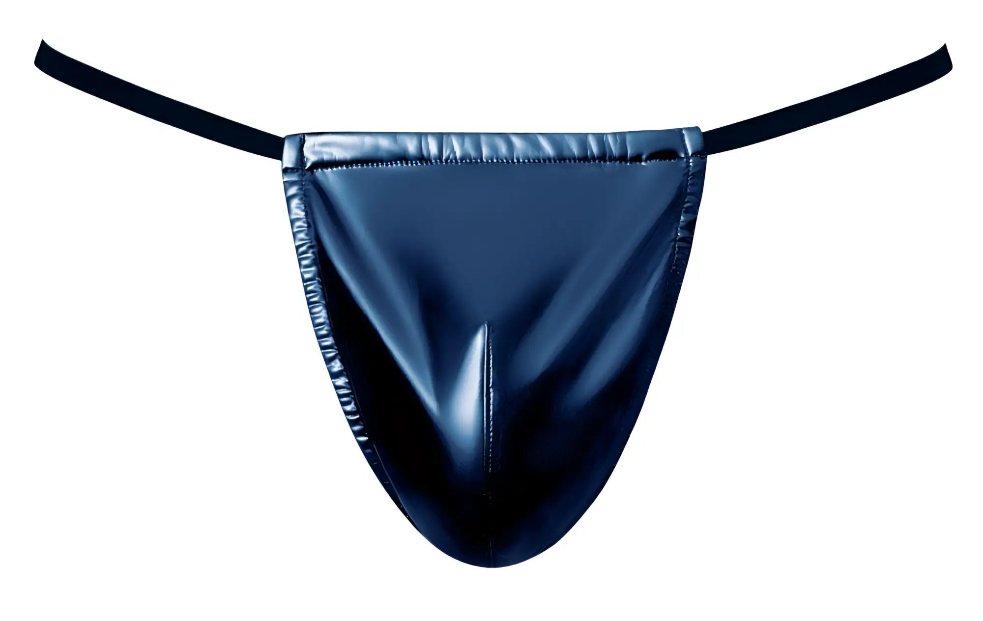 Male power 450-301 liquid onyx 2.0 g-string in blue black patent leather with thin elastic straps shown from the back