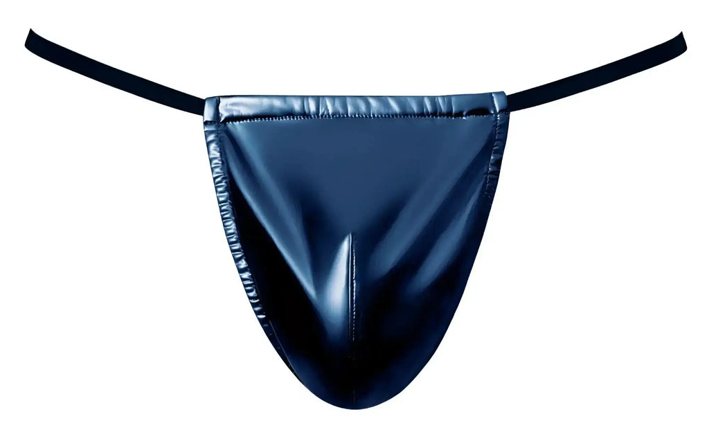 Male power 450-301 liquid onyx 2.0 g-string in blue black patent leather with thin elastic straps shown from the back