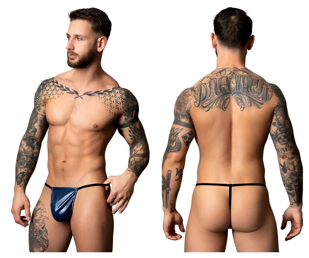 Male power 450-301 liquid onyx 2.0 blue metallic thong with black trim front view showing sleek g-string design