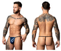 Male power 450-301 liquid onyx 2.0 blue metallic thong with black trim front view showing sleek g-string design