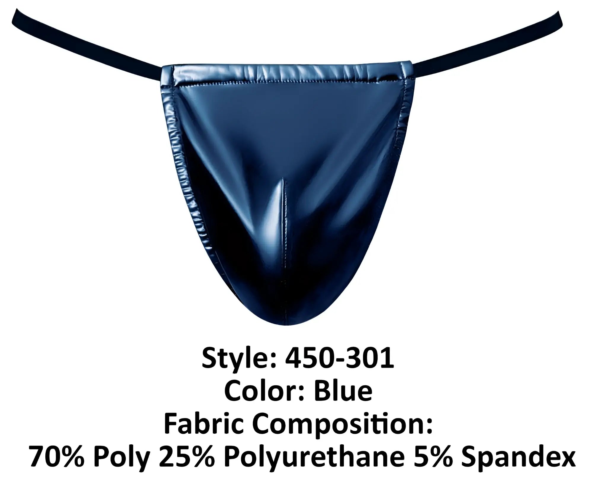 Blue shiny latex thong with black elastic straps for men by Male Power model 450-301 Liquid Onyx 2.0 G-string