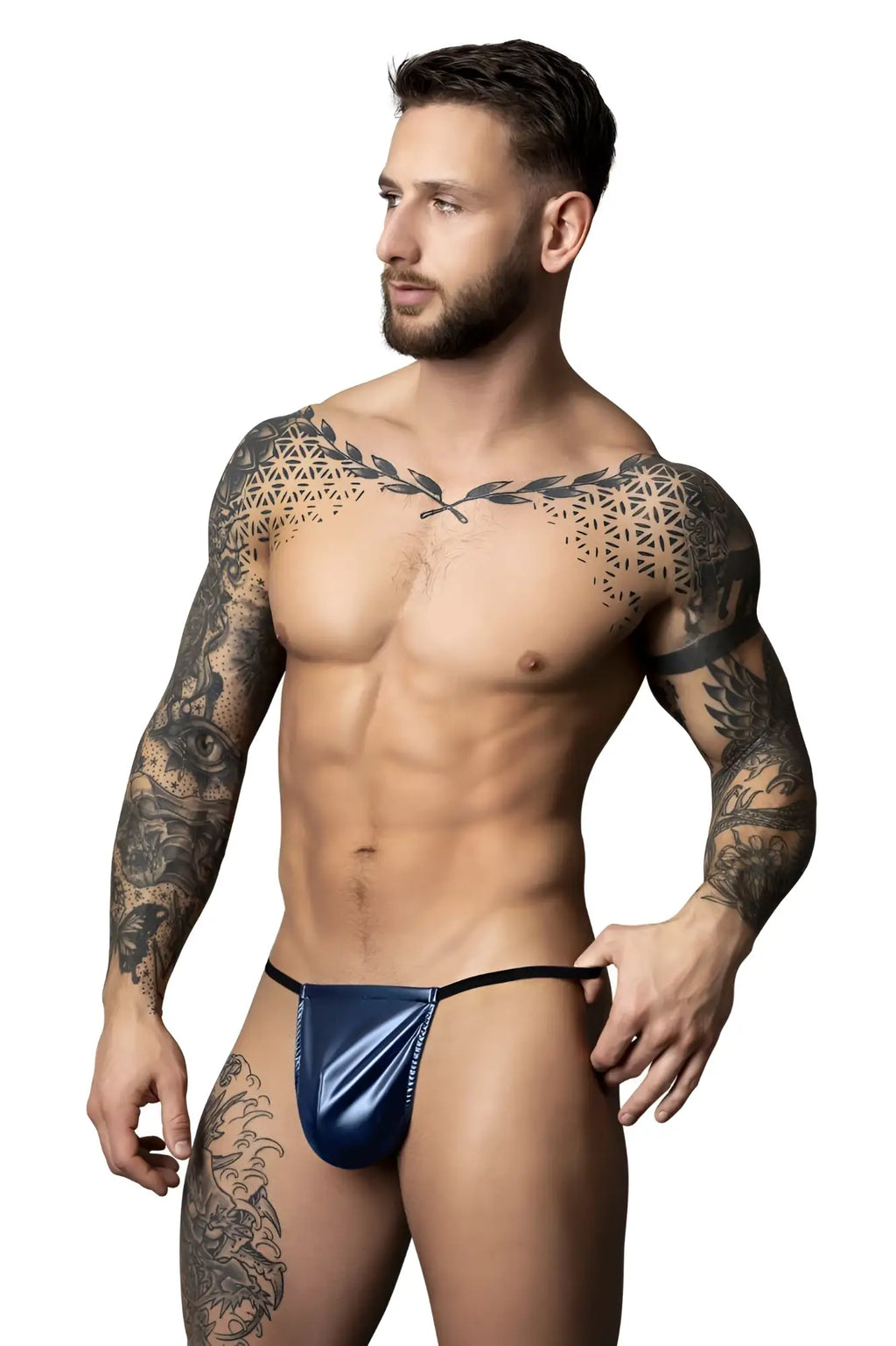 Blue shiny latex thong with black elastic waistband from male power 450-301 liquid onyx 2.0 g-string collection