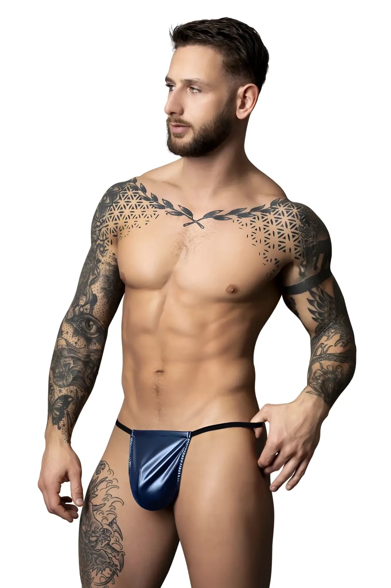Blue shiny latex thong with black elastic waistband from male power 450-301 liquid onyx 2.0 g-string collection