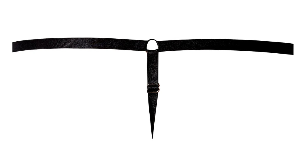 Male power 451-295 go wild adjustable g-string in black leather thong belt with silver metal ring and pointed tip