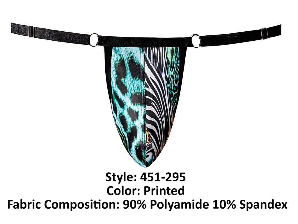 Male power 451-295 go wild adjustable men’s thong with teal leopard and black white zebra print held by black elastic straps