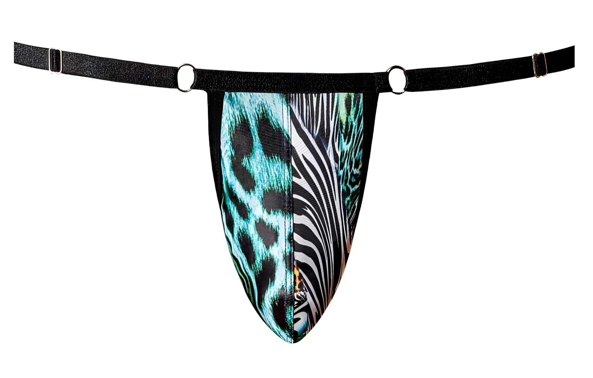 Male power 451-295 go wild adjustable g-string teal and black leopard zebra print men’s thong with black elastic waistband