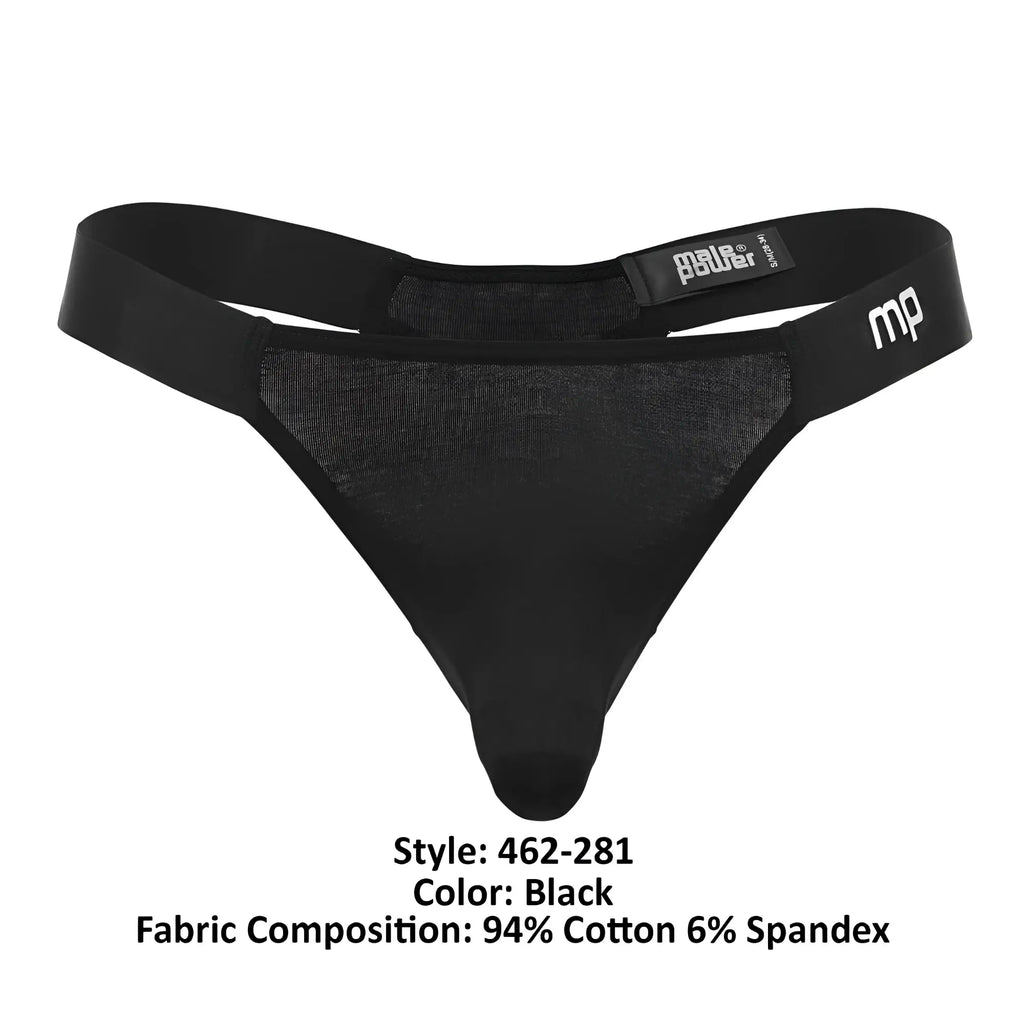 Male power 462-281 easy breezy black thong with mesh panel elastic waistband and mp logo on side