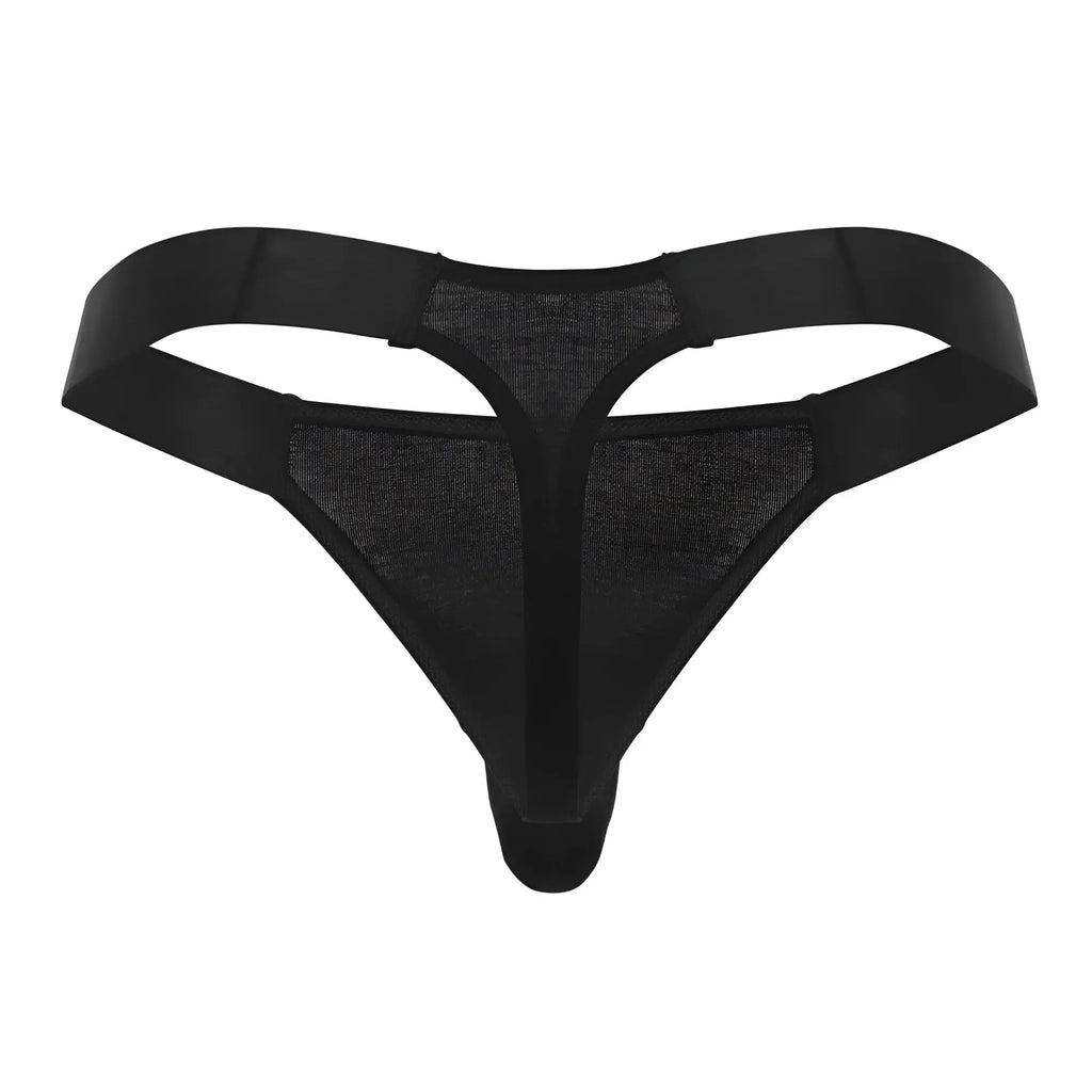 Male power 462-281 easy breezy thong in black mesh with solid elastic straps and central panel front view