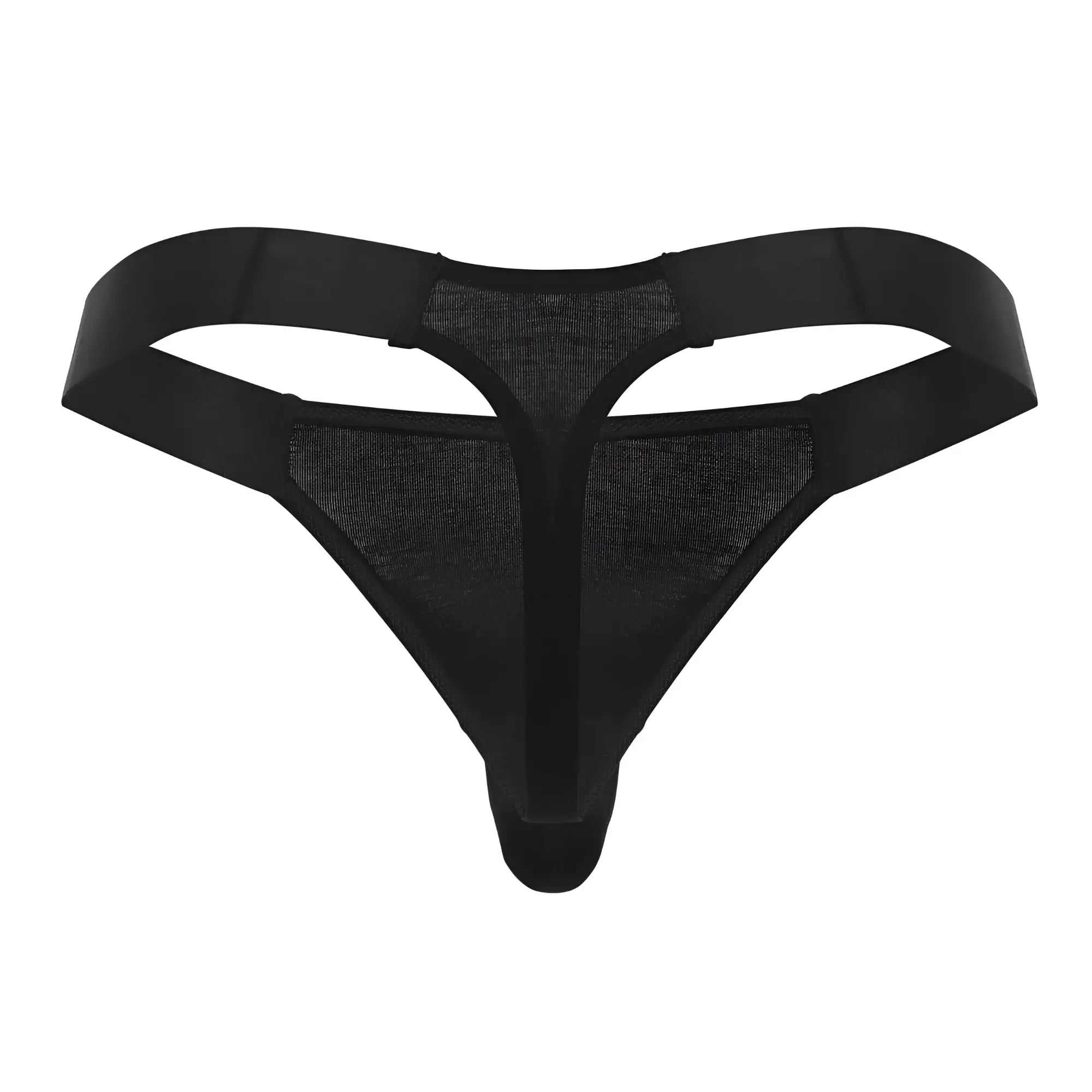 Male power 462-281 easy breezy thong in black mesh with solid elastic straps and central panel front view