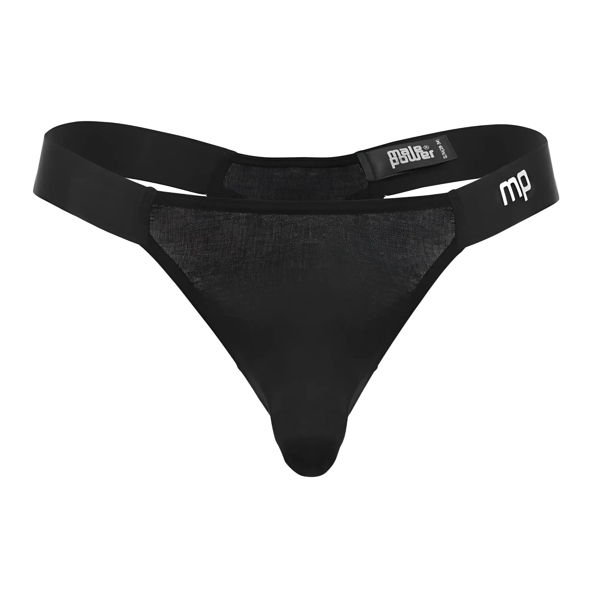 Black mesh thong with solid fabric back and elastic waistband featuring mp logo by male power in easy breezy style