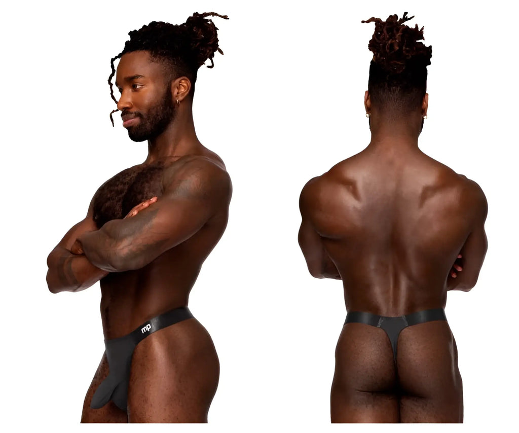 Black male power 462-281 easy breezy thong with small white logo on waistband shown from the back side