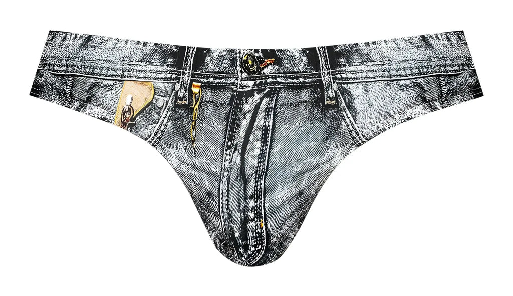 Black and white denim-patterned male thong with faux leather patch and metallic hardware in denim print