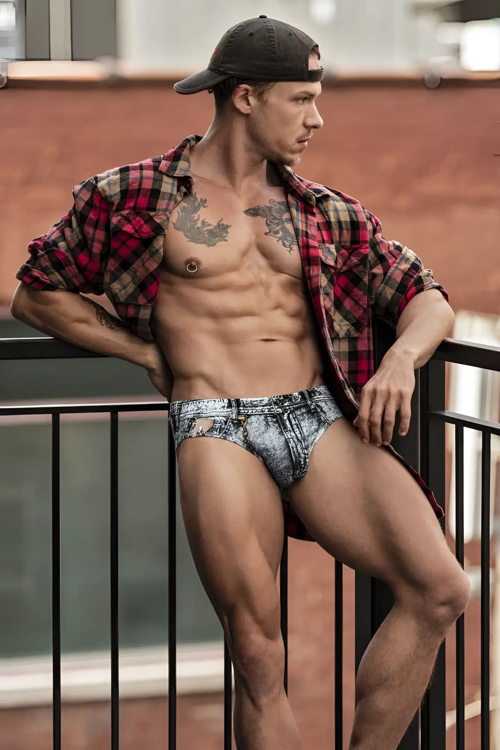 Blue and white distressed denim briefs male power 486-286 dirty denim bikini color denim print front view