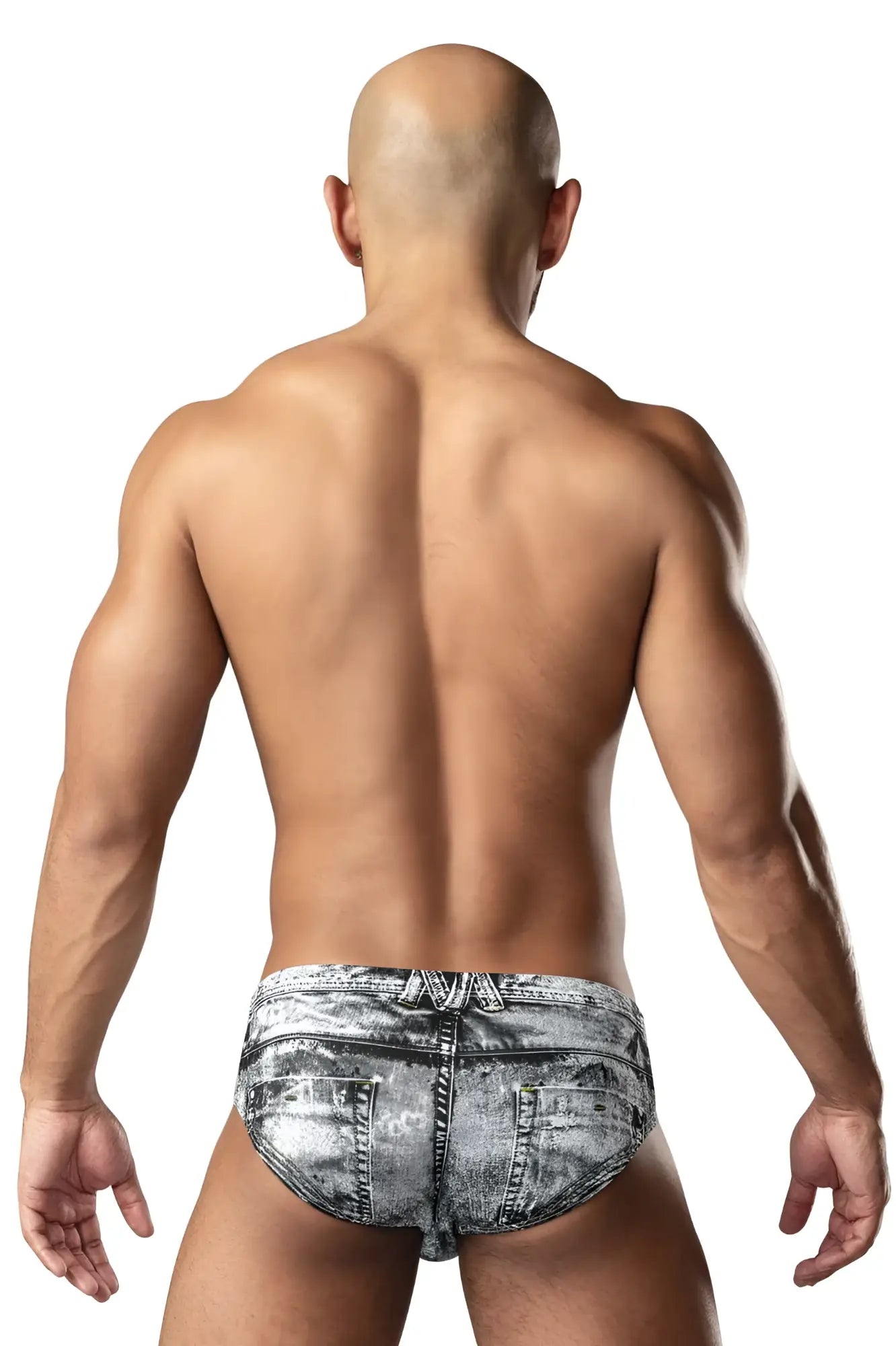 Male power 486-286 dirty denim bikini briefs in distressed gray denim print showing the back side