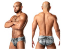Gray and white distressed denim briefs with classic back pocket design shown from the back by male power