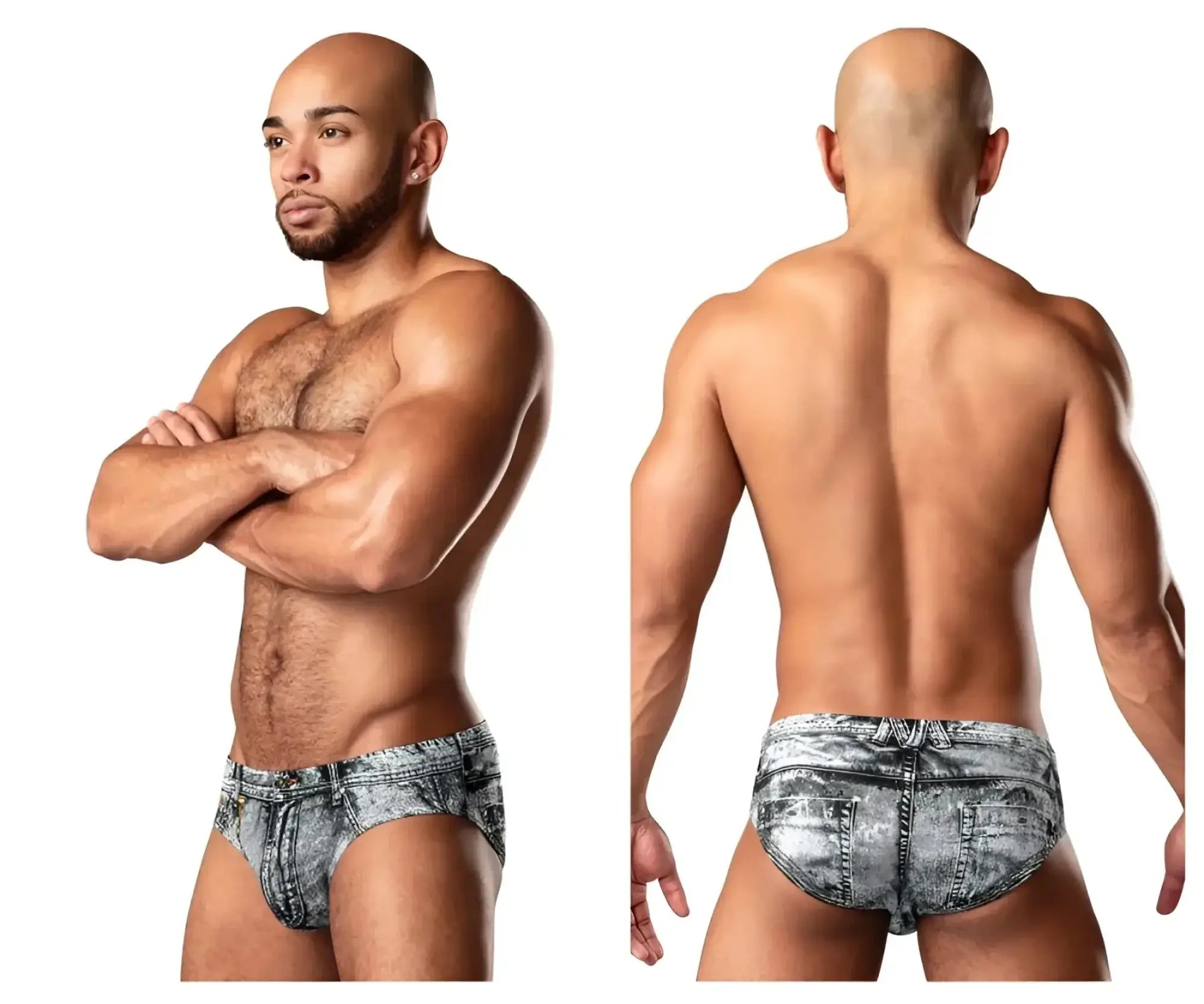 Gray and white distressed denim briefs with classic back pocket design shown from the back by male power