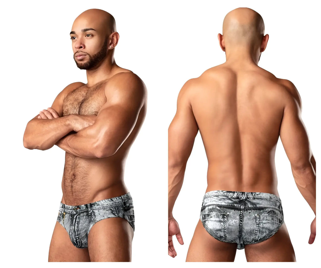 Gray and white distressed denim briefs with classic back pocket design shown from the back by male power