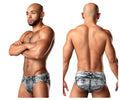 Gray and white distressed denim briefs with classic back pocket design shown from the back by male power