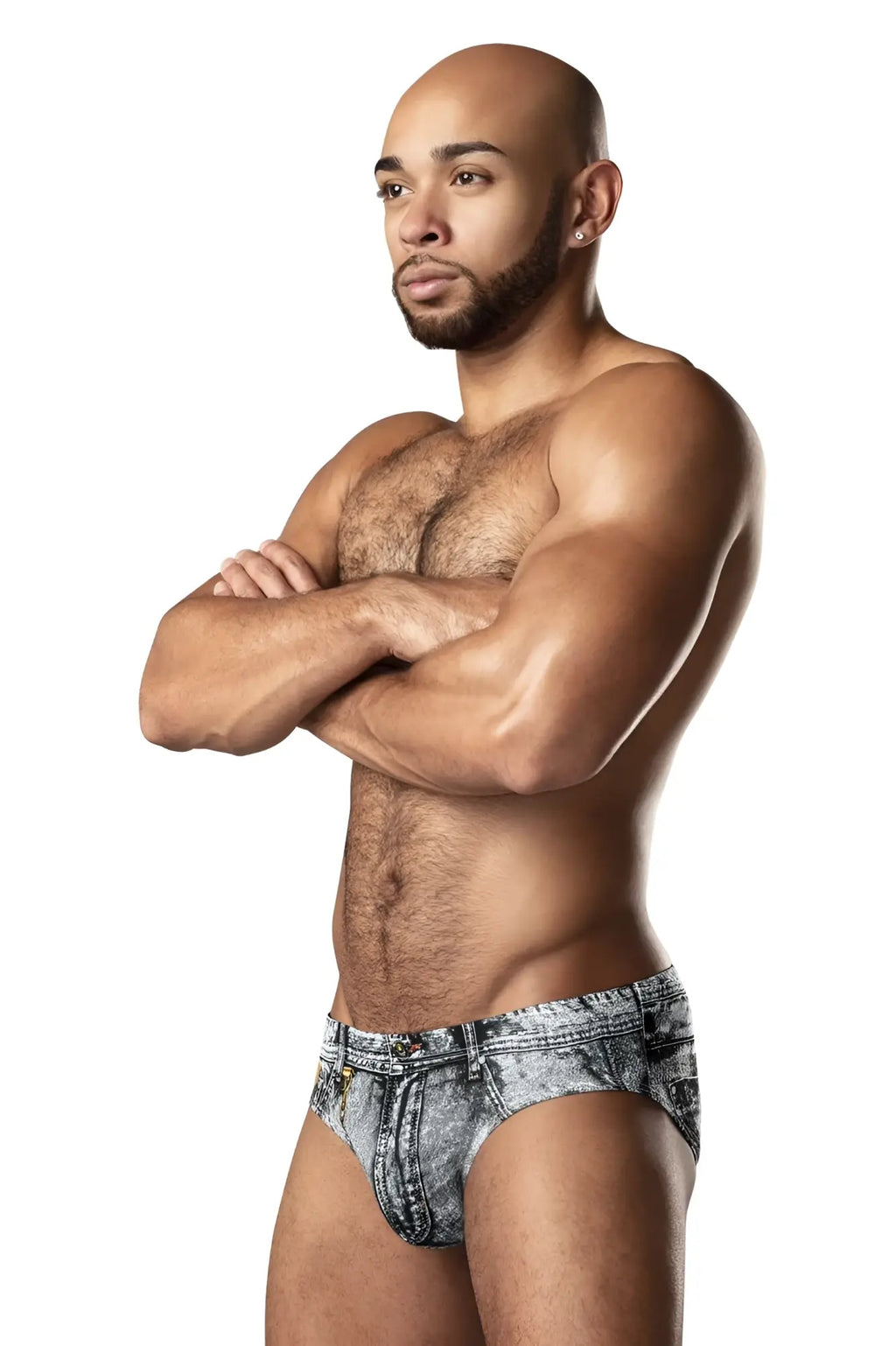 A pair of male power 486-286 dirty denim bikini briefs in faded gray and black denim print with stitching and belt loops