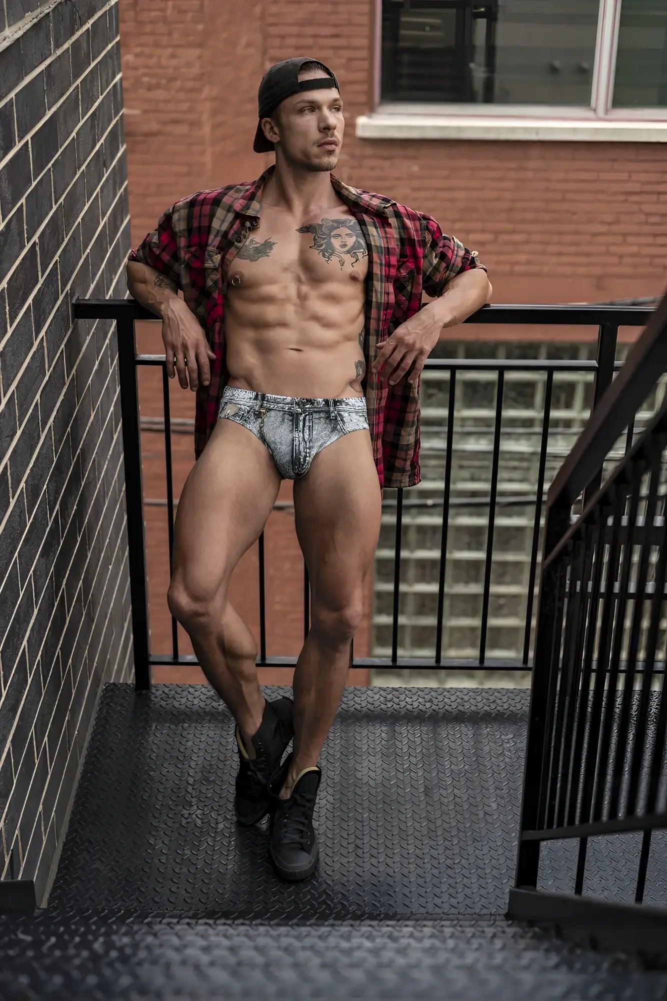 Male power 486-286 dirty denim bikini briefs with faded blue and white wash and subtle stitching details