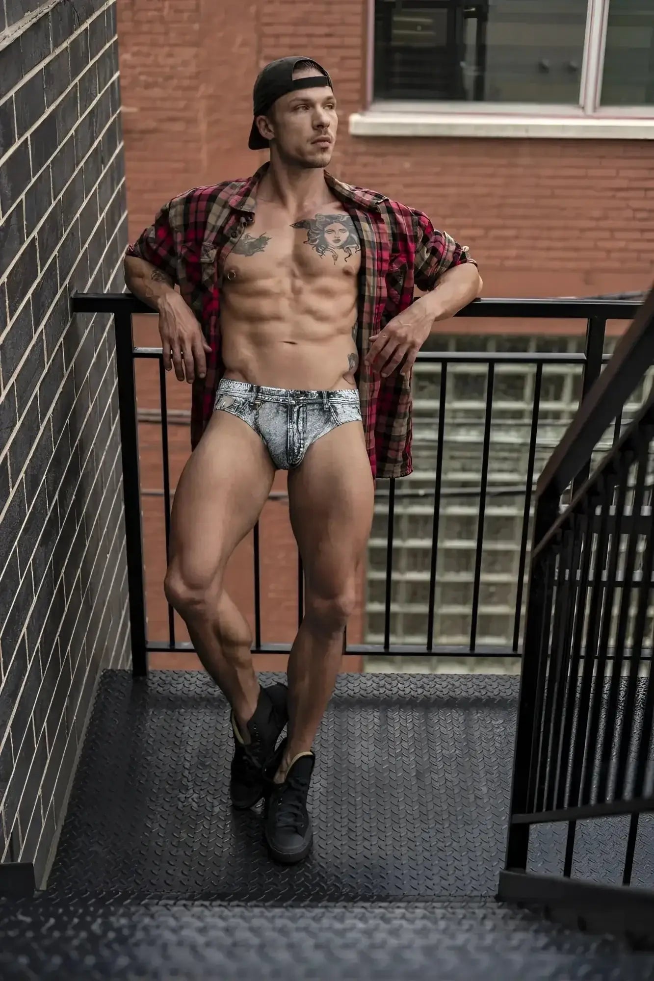 Male power 486-286 dirty denim bikini briefs with faded blue and white wash and subtle stitching details