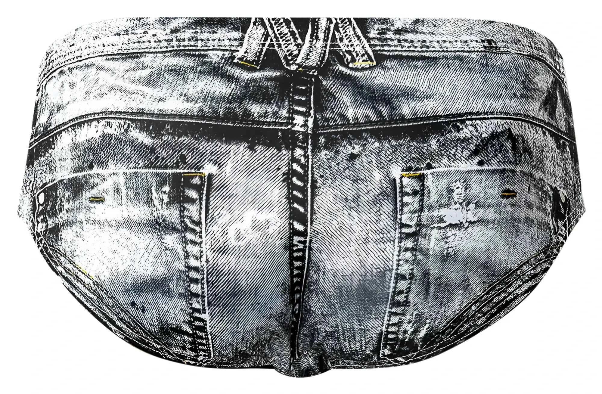 Male power 486-286 dirty denim bikini briefs with faded distressed denim print and visible stitching details